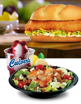 Culver's Atlantic Cod Filet Sandwich, Lemon Ice and Cranberry Bacon Bleu Salad with Grilled Chicken