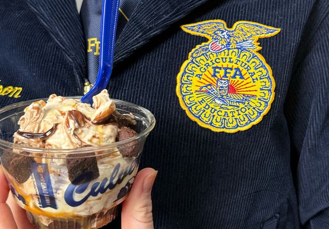 Link to story: 5 Reasons to Celebrate Scoops of Thanks Day. Single Scoop Dish of Vanilla on a table with a blue spoon