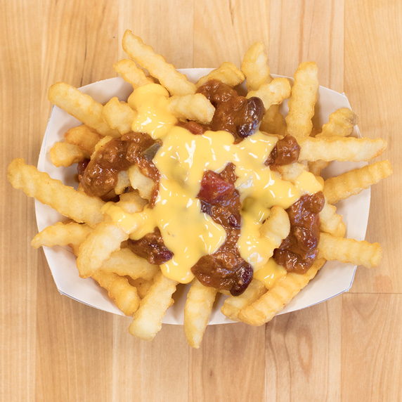 Culver’s Crinkle Cut Fries with George’s Chili and topped with Wisconsin Cheddar Cheese Sauce