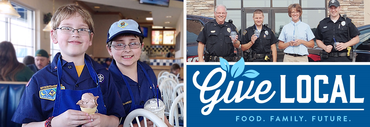 Give Local: Food, Family, Future. Police officers holding Culver's custard cups and two boy scouts holding custard.