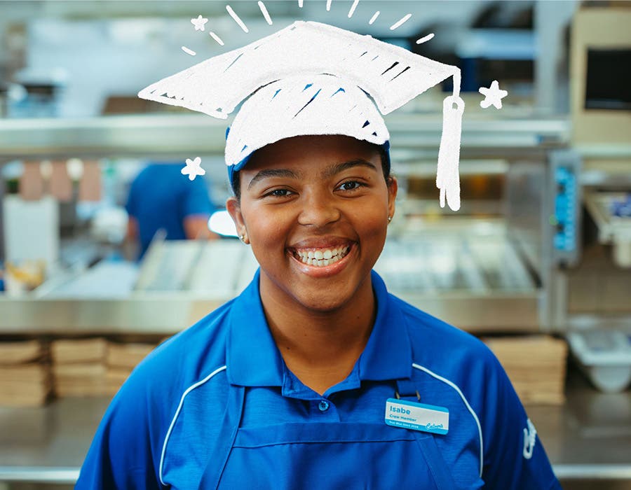A Culver's team member with a graduation cap