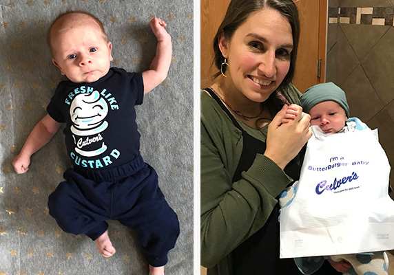Baby Krew in his Culver’s onesie on the left and Clara holding baby crew with the bib saying “I’m a ButterBurger Baby” on the right.