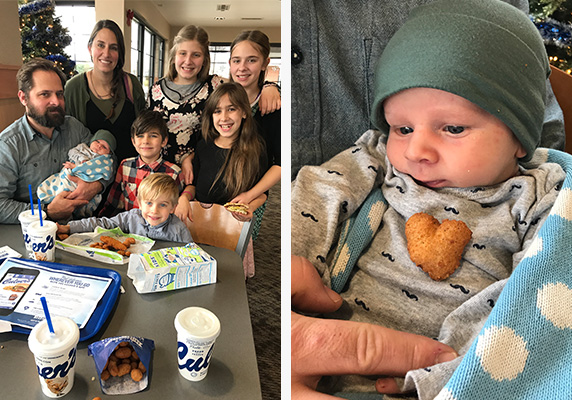 Clara and her family sitting aroung the table at Culver’s on the left and baby Krew with a heart shaped cheese curd on the left.