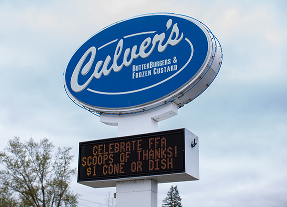 Culver’s sign advertises Scoops of Thanks Day.