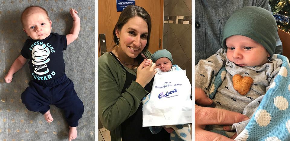 Baby Krew in his Culver’s onesie on the left, Clara holding baby crew with the bib saying “I’m a ButterBurger Baby” in the middle and Baby Krew with a heart-shaped Wisconsin Cheese Curd.