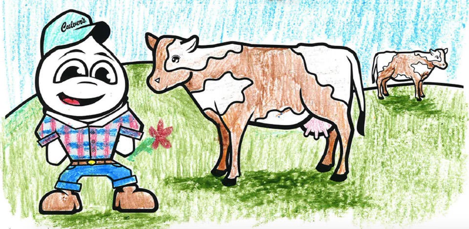 Coloring page from the 2019 calendar featuring Culver's Mascot Scoopie in farmer attire and hat next to two cows