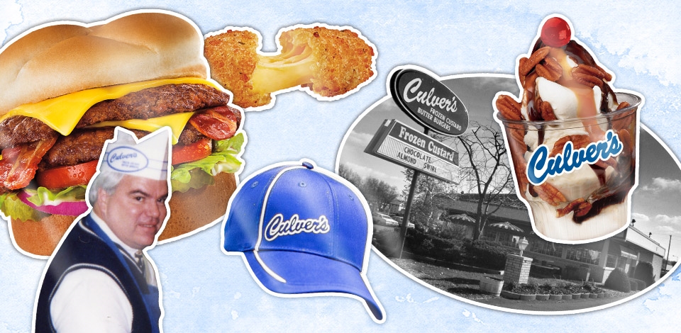 Collage of Craig Culver, a ButterBurger, cheese curd, sundae, and the original Culver's