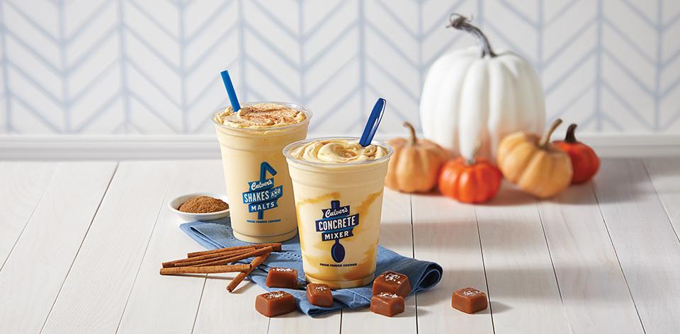 Pumpkin Spice Shake and Salted Caramel Pumpkin Concrete Mixer sit amongst fall décor and flavor cues.