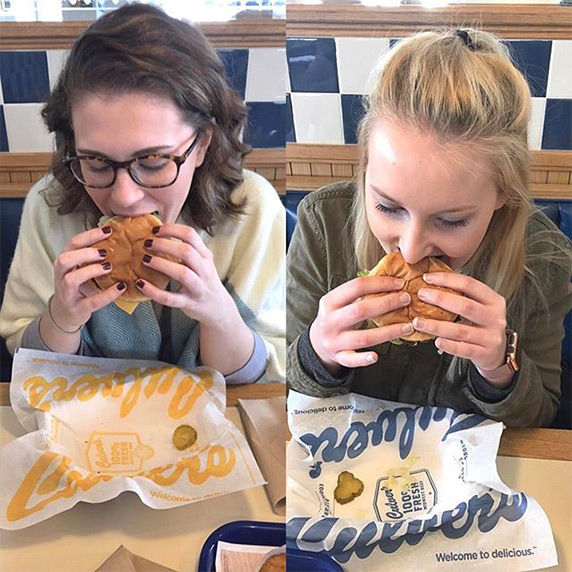 Side by side, two girls who are best friends, eating Culver’s ButterBurger®
