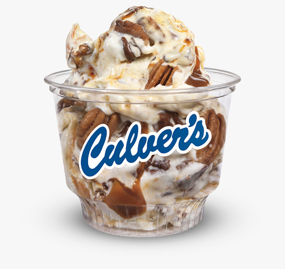 Toasted pecans, small chocolate chunks and ribbons of salted caramel mixed into vanilla frozen custard and served in a clear Culver’s dish