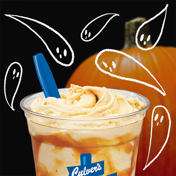 Doodled ghosts fly around Salted Caramel Pumpkin Concrete Mixer with pumpkin in background.