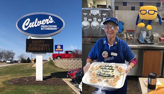 Collage of Culver’s marquee sign and photo of Sharon with a birthday cake.