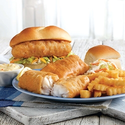 North Atlantic Cod Sandwich and Dinner with french fries, coleslaw and a dinner roll