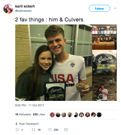 Screenshot of a tweet showing a man and woman with Culver's Fresh Frozen Custard after the man asked the woman to homecoming on a Culver's sign.