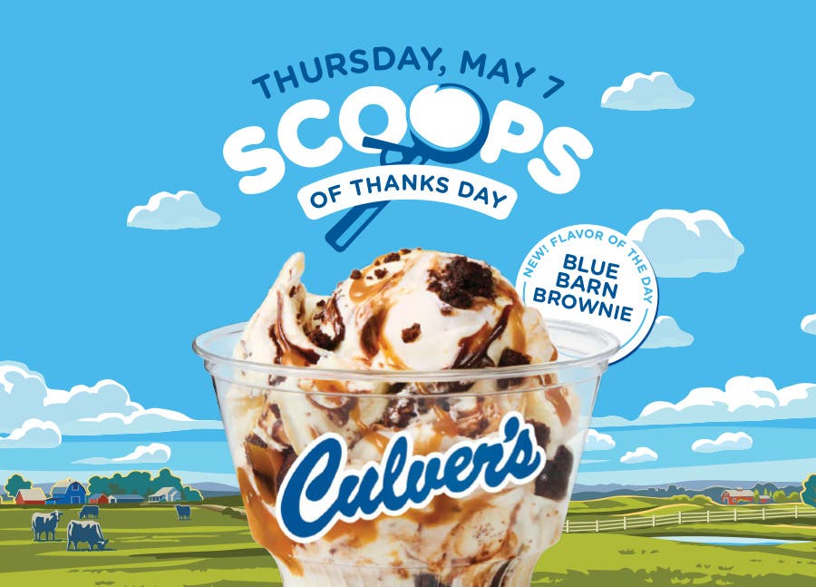 Culver's New Flavor of the Day: Blue Barn Brownie in front of illustrated farmland with cows grazing in the distance