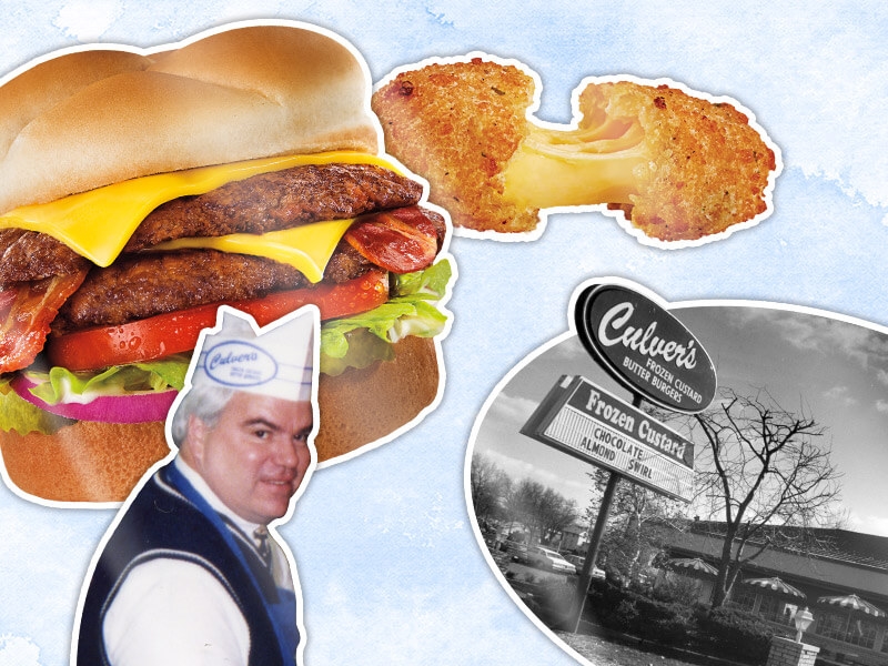 Photo collage of Culver’s signature menu items, co-founder, and first location