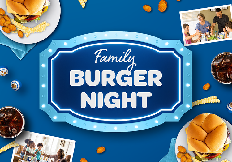 Link to story: Family Burger Night. Images of food and games.