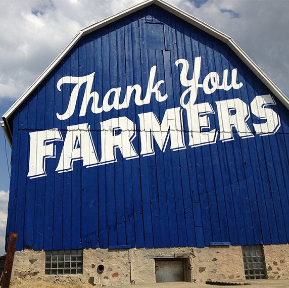 A Culver’s Blue Barn that says “Thank You Farmers” in Beaver Dam, Wisconsin.