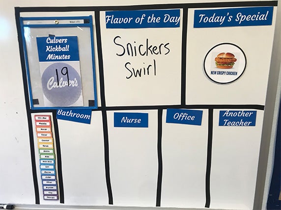 A white board with Culver&rsquo;s themed writing and classroom activities.