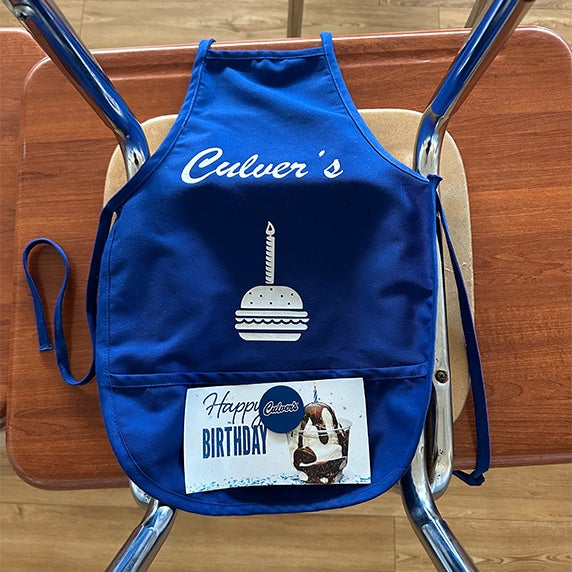 Culver&rsquo;s apron with Happy Birthday sticker.