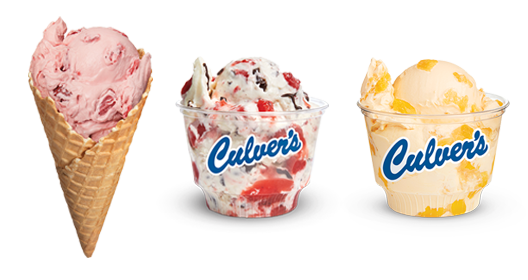 Double Strawberry Fresh Frozen Custard in a cone, Chocolate Covered Strawberry and Georgia Peach in a dish