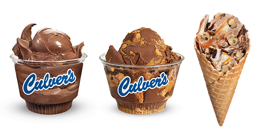 Dark Chocolate Decadence and Dark Chocolate Peanut Butter Crunch Fresh Frozen Custard in a dish, Crazy for Cookie Dough in a cone