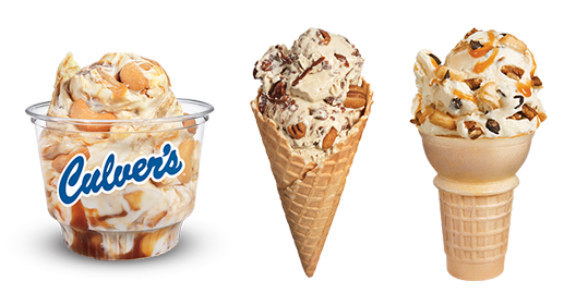 Caramel Cashew Fresh Frozen Custard in a dish, Caramel Turtle and Turtle Cheesecake in cones