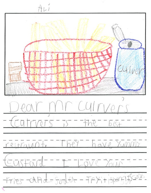 Ali's wonderful artwork, a crayon drawing of crinkle cut fries in a basket and Culver's drink.