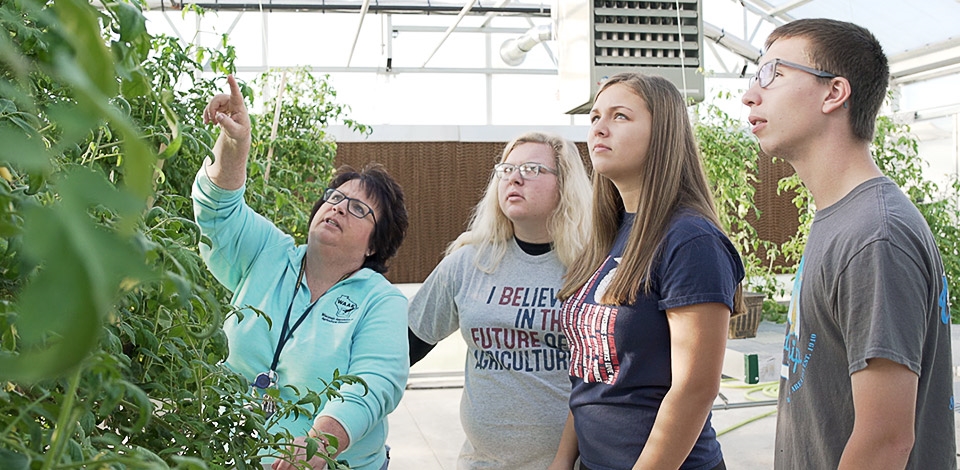 Waupun FFA advisor and members stand in a greenhouse inspecting tomato plants