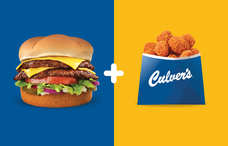 Grid-style image showing a Culver’s Deluxe on the left and Hot Honey Curds on the right.