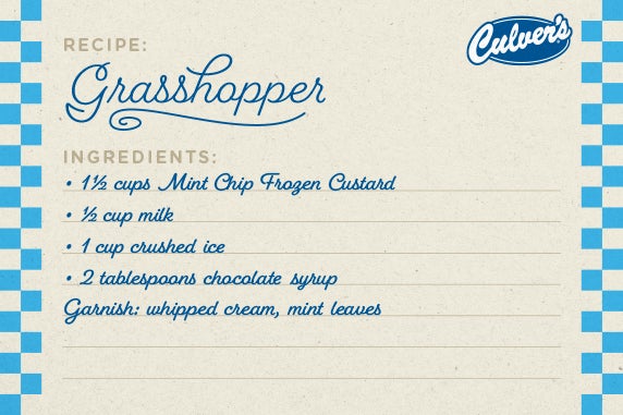 A stylized recipe card listing the Grasshopper drink ingredients