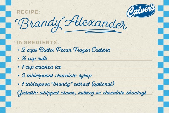 A stylized recipe card listing the Brandy Alexander drink ingredients