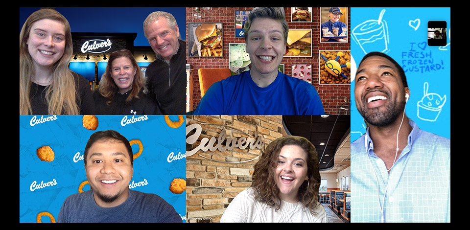 Collage of guests using the five different video chat backgrounds: cheese curds, in restaurant, Culver's Super Fans, Culver's Wall Decor and outside night shot of restaurant.