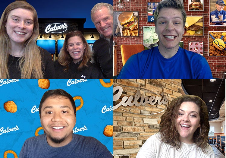 Link to story: 5 Culver's Video Chat Backgrounds. Collage of guests using the five different video chat backgrounds: cheese curds, in restaurant, Culver's Wall Decor and outside night shot of restaurant.