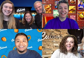 Link to story: 5 Culver's Video Chat Backgrounds. Collage of guests using the five different video chat backgrounds: cheese curds, in restaurant, Culver's Wall Decor and outside night shot of restaurant.