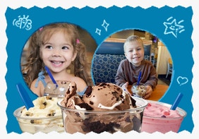 Two Culver's kids enjoying their Fresh Frozen Custard surrounded by playful doodles of butterflies and stars