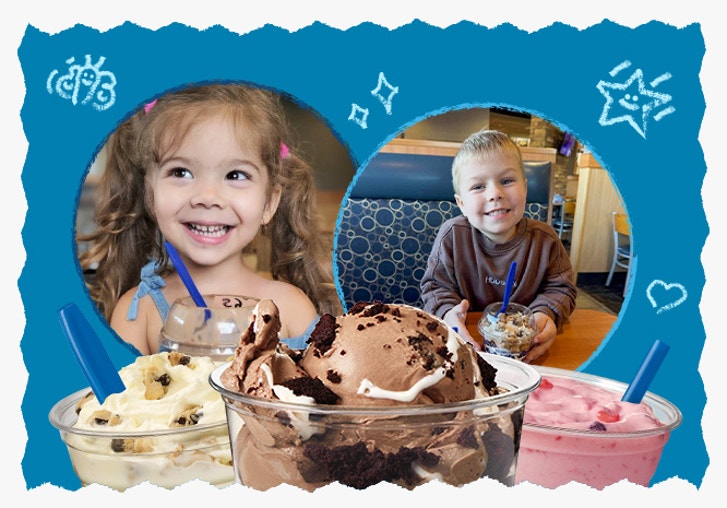 Two Culver's kids enjoying their Fresh Frozen Custard surrounded by playful doodles of butterflies and stars