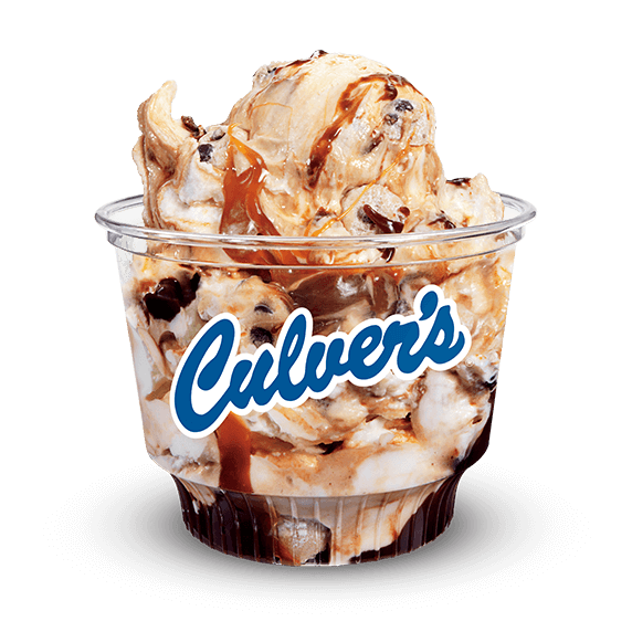 Caramel Fudge Cookie Dough Fresh Frozen Custard scoop in clear Culver&rsquo;s cup