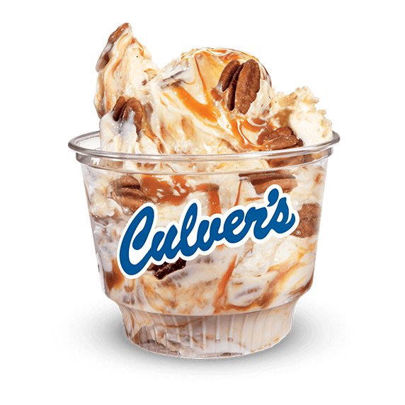 Caramel Pecan Fresh Frozen Custard scoop in clear Culver&rsquo;s cup