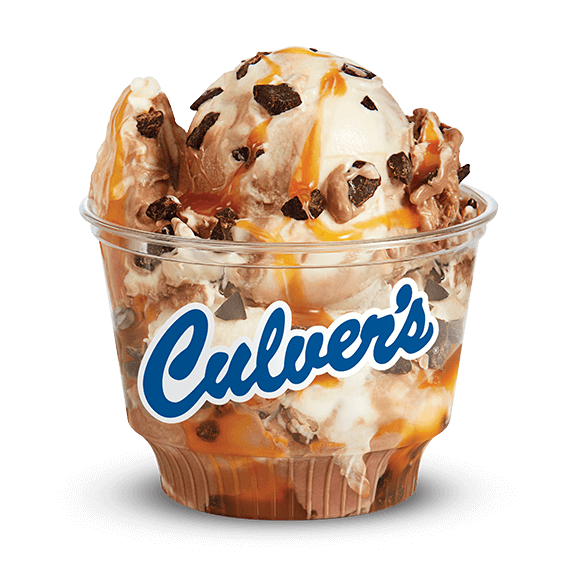 Chocolate Caramel Twist Fresh Frozen Custard scoop in clear Culver&rsquo;s cup