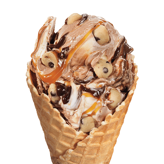 Crazy for Cookie Dough Fresh Frozen Custard scoop in a waffle cone