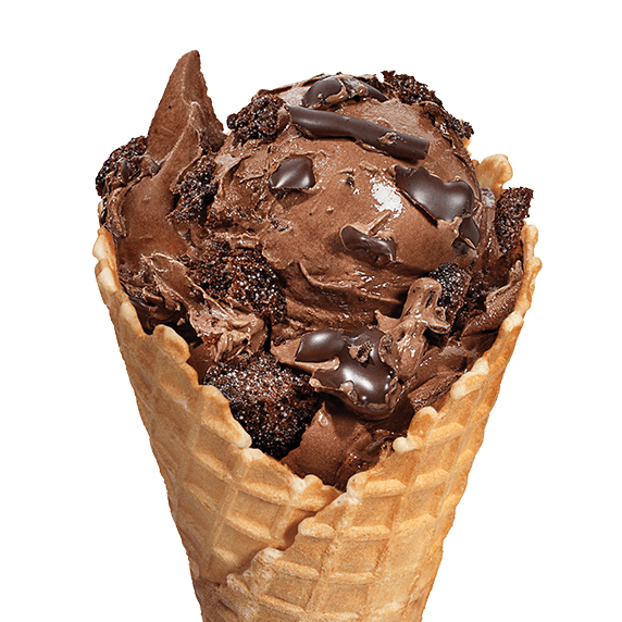 Devil's Food Cake Fresh Frozen Custard scoop in a waffle cone