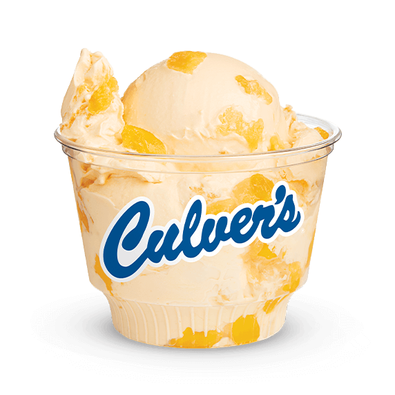 Goergia Peach Fresh Frozen Custard scoop in clear Culver&rsquo;s cup