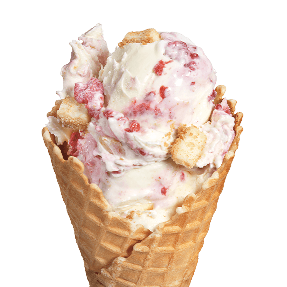 Raspberry Cheesecake Fresh Frozen Custard scoop in a waffle cone