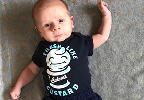 Link to story: Mom tracks pregnancy with Culver's food. Baby Krew in this Culver's onesie.