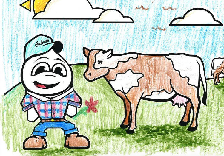 Link to story: Annual Kids Calendar Coloring Contest Winners. Coloring page from the 2019 calendar featuring Culver's Mascot Scoopie in farmer attire and hat next to two cows