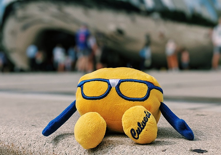 Link to story: Life with Curdis. Curdis mascot sitting on the pavement sitting in front of the Cloud Gate in Chicago