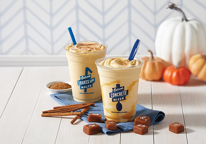 Pumpkin Spice Shake and Salted Caramel Pumpkin Concrete Mixer sit amongst fall décor and flavor cues.