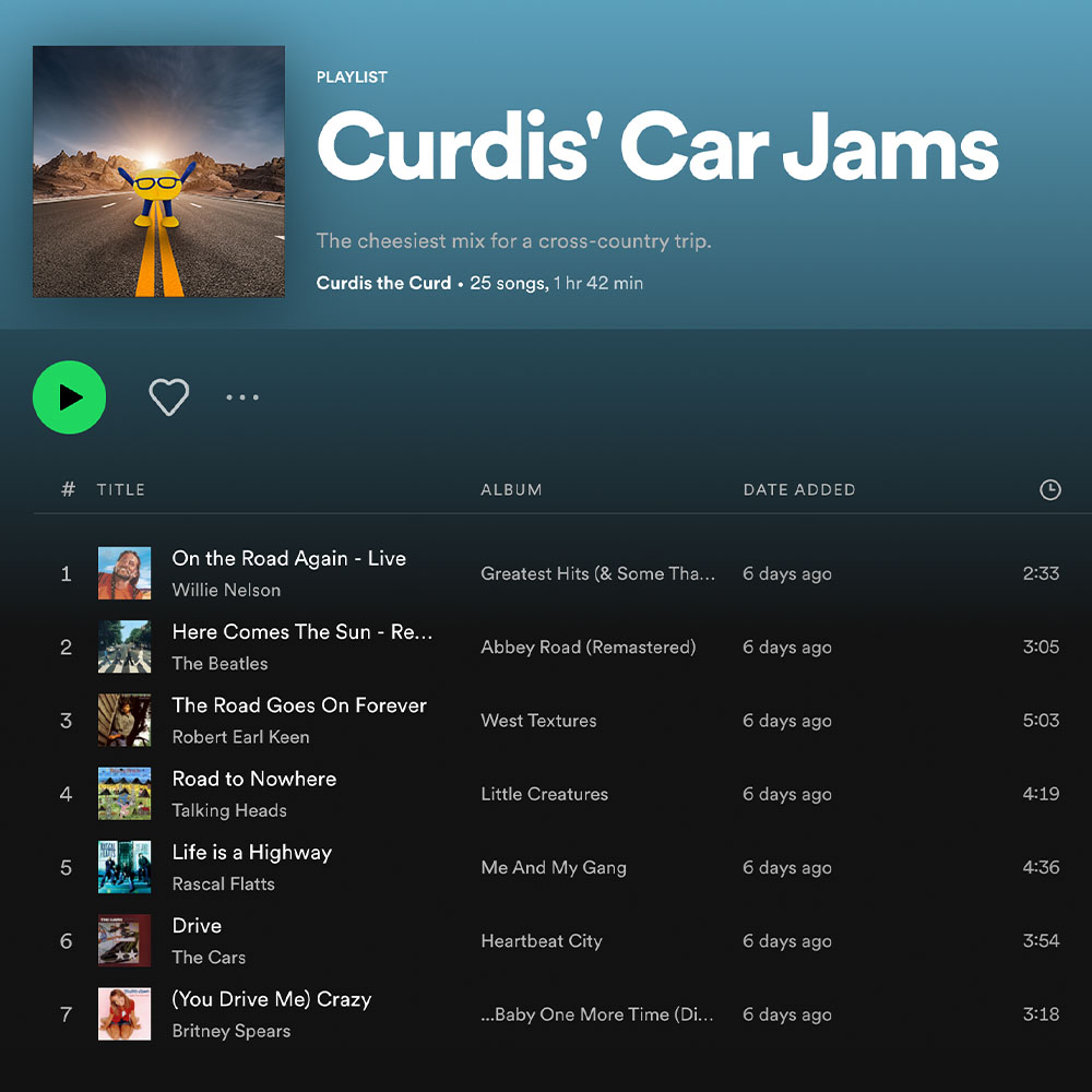 A Spotify cover of Curdis’ road trip playlist.